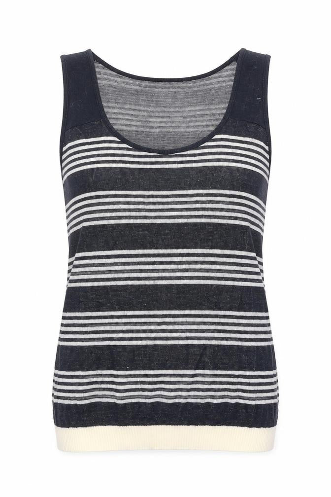 Front view of Rope women’s black striped acrylic basic tank, size M, scoop neck