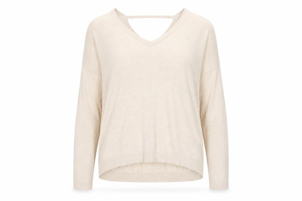 Front view of Marks & Spencer women’s beige v-neck viscose jumper, size UK 12