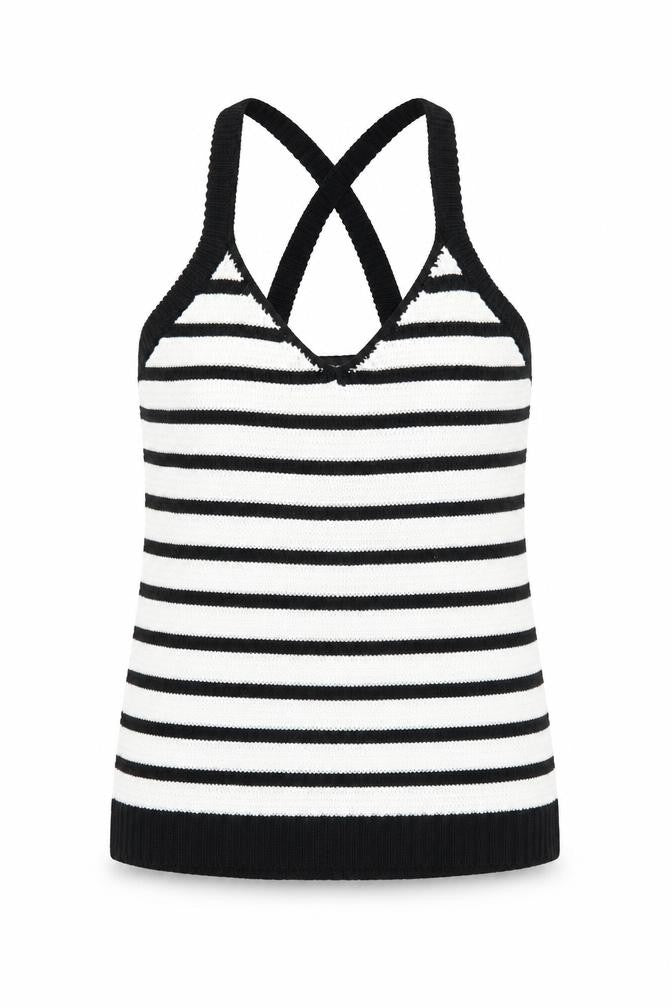 Front view of Atmosphere women’s black striped acrylic basic tank, size UK 4, v-neck