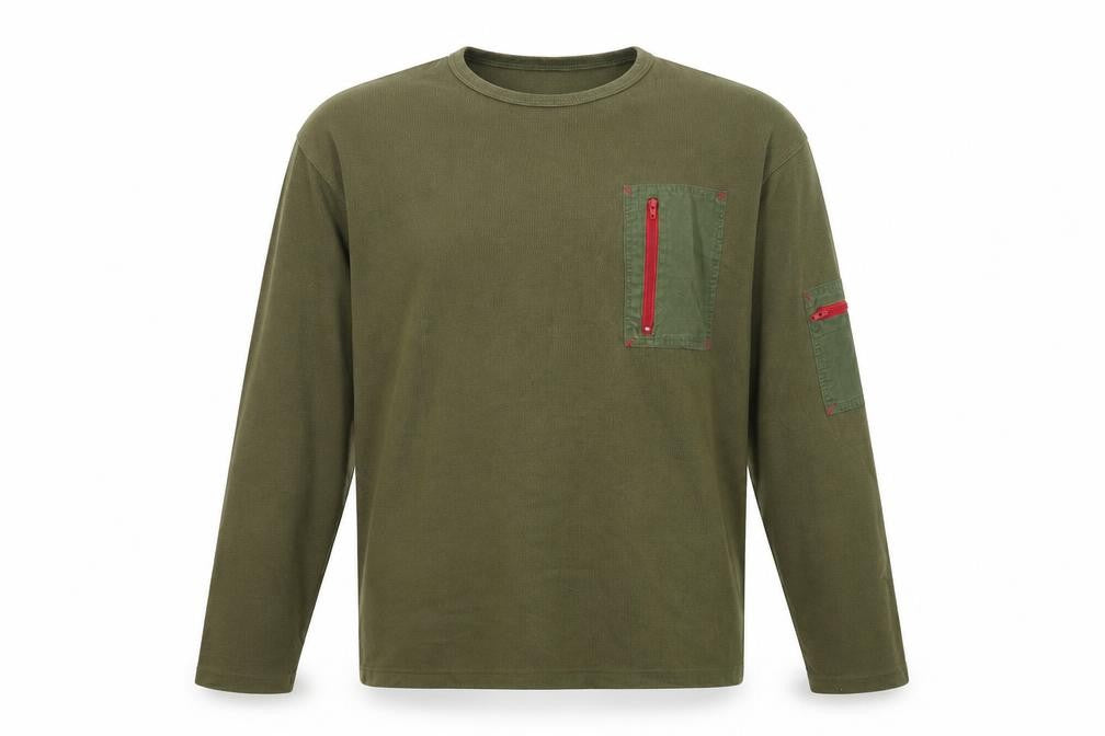 Front view of MX Active men’s green round neck polyester jumper, size M, long sleeve