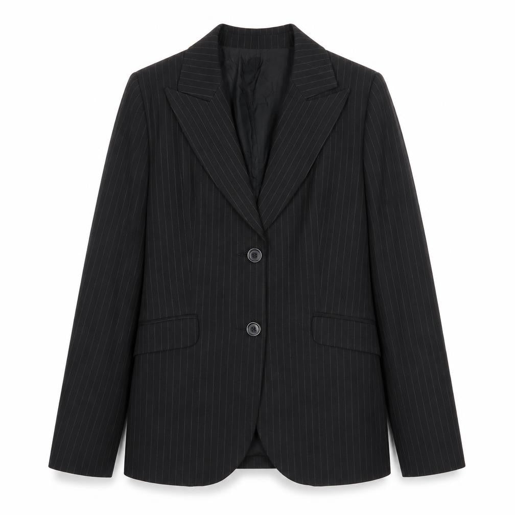 Front view of Yumi women’s black striped polyester jacket blazer, size UK 12