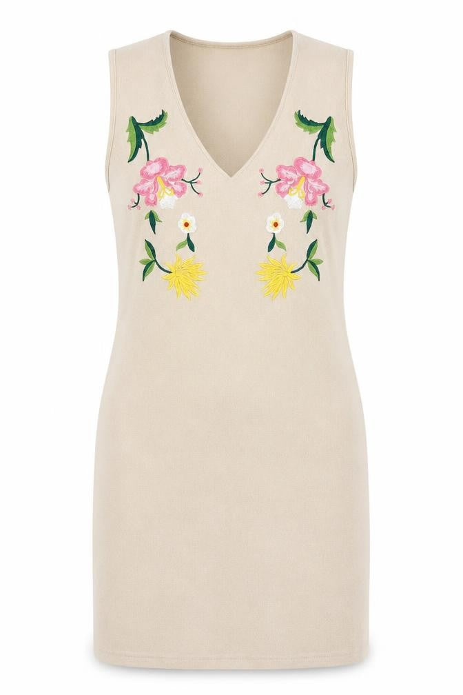 Front view of Fiona&Co women’s beige floral polyester bodycon, size S, v-neck pullover