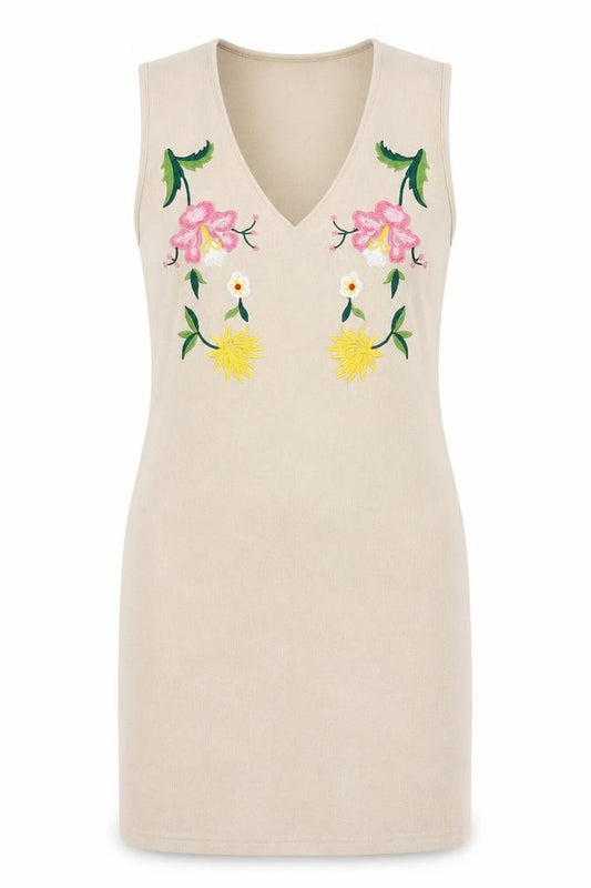 Front view of Fiona&Co women’s beige floral polyester bodycon, size S, v-neck pullover