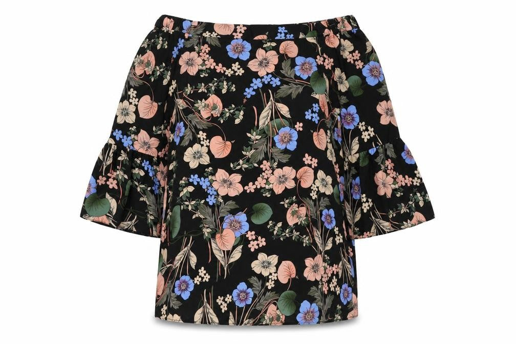 Front view of F&F women’s black floral polyester basic blouse, size UK 8, off the shoulder