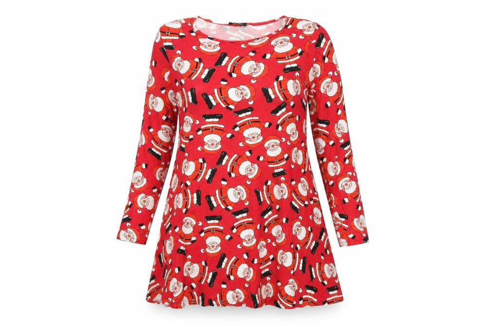 Sara Womens Red Geometric Viscose Trapeze & Swing Size S Round Neck Pullover - Father Christmas Pattern