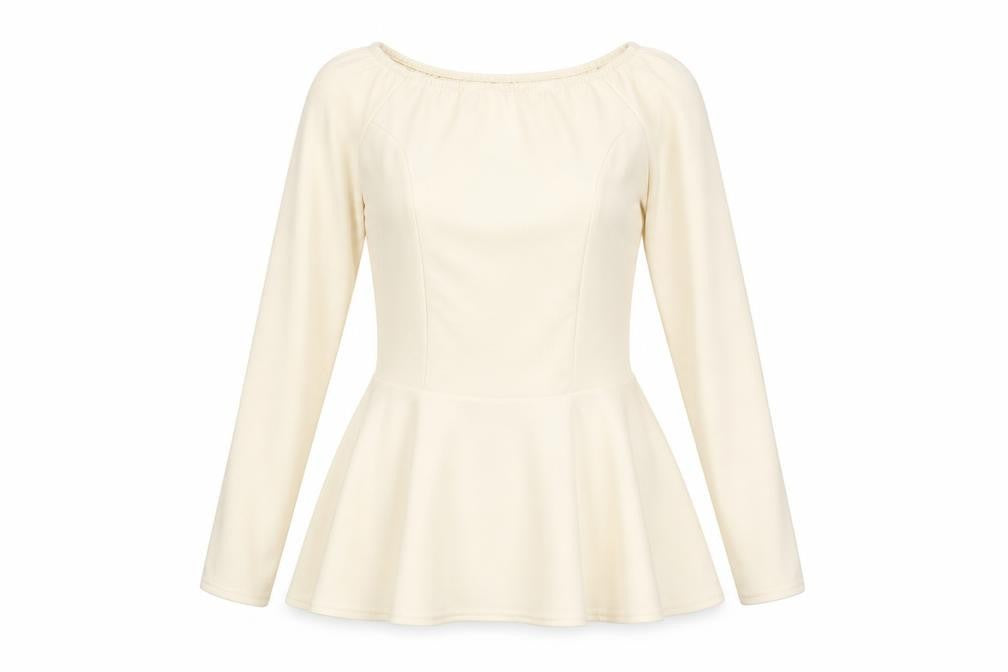 Front view of Rochelle Humes women’s ivory viscose basic blouse, size UK 8, round neck