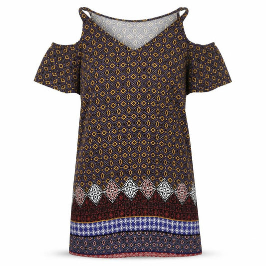 Front view of Papaya women’s multicoloured geometric viscose t-shirt dress, size UK 12, v-neck pullover - cold shoulder