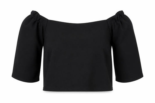 Front view of Boohoo women’s black polyester cropped blouse, size UK 10, off the shoulder - bardot