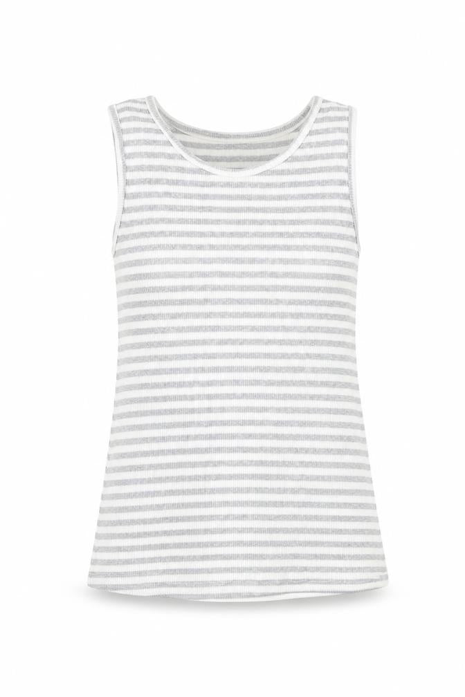 Front view of St Bernard girls’ grey striped cotton basic tank, size 9-10, years round neck pullover