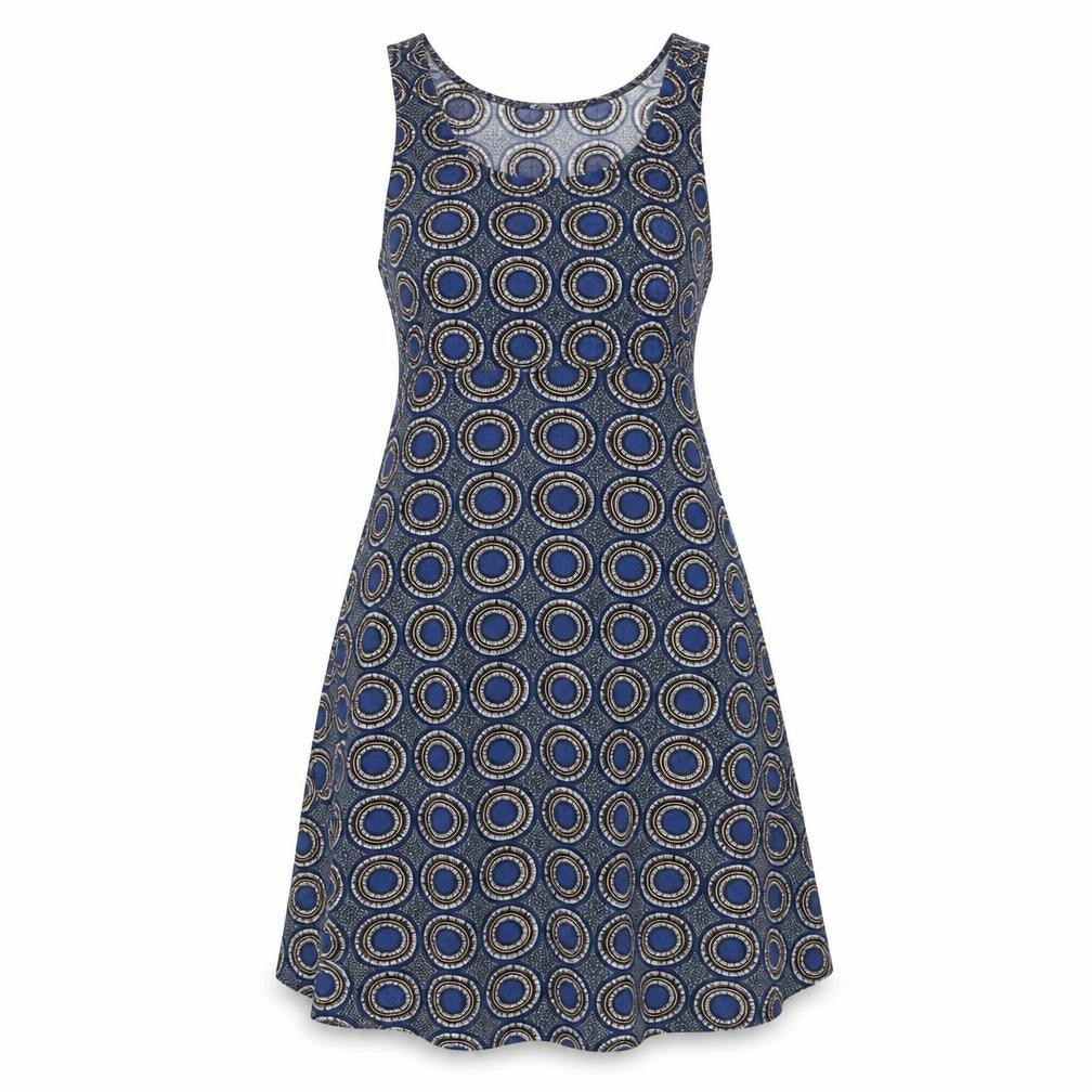 Front view of H&M women’s blue geometric viscose a-line, size UK 6, scoop neck pullover