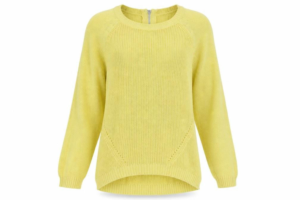 Front view of M&Co women’s yellow round neck acrylic jumper, size UK 14
