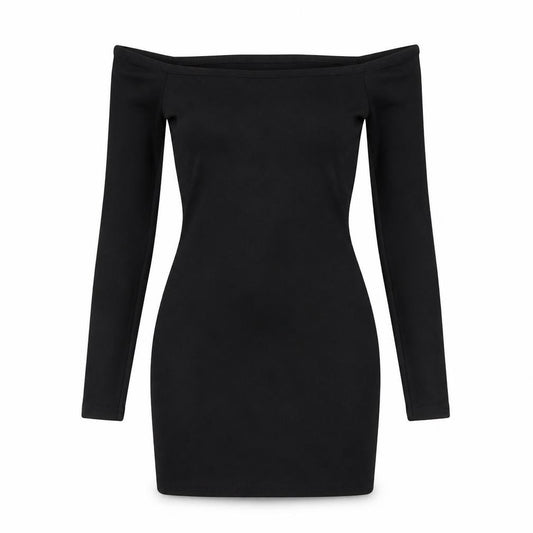 Front view of PRETTYLITTLETHING women’s black polyester bodycon, size UK 4, off the shoulder pullover - bardot