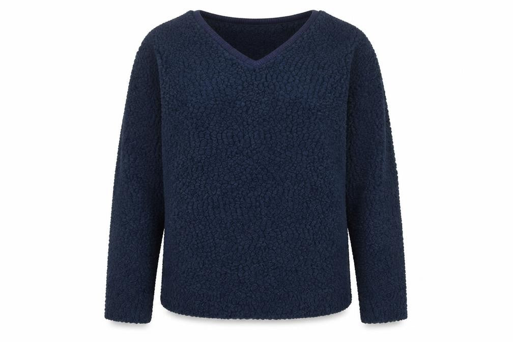 Front view of Lee Cooper women’s blue v-neck polyester jumper, size UK 10
