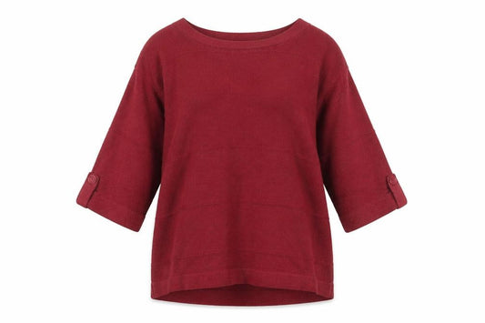 Front view of Debenhams women’s red round neck acrylic jumper, size UK 14
