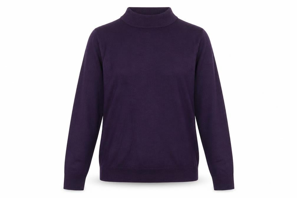 Front view of Garfield & Marks women’s purple mock neck acrylic jumper, size UK 10