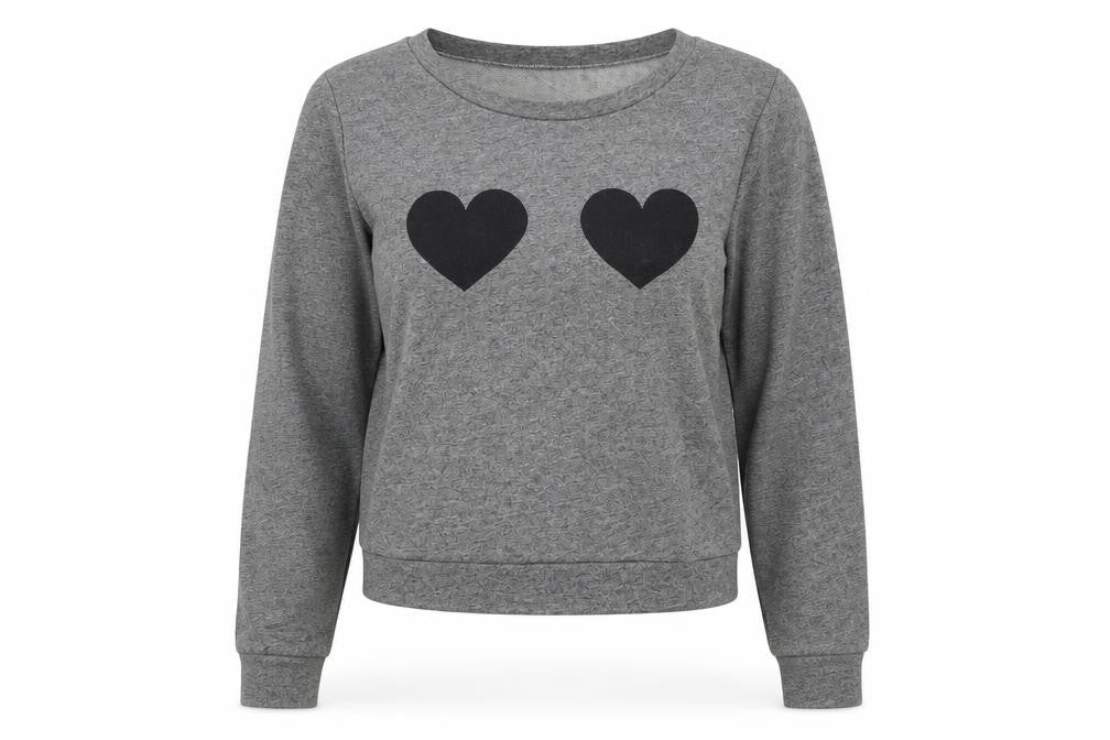 Front view of H&M women’s grey cotton pullover sweatshirt, size M, pullover - heart detail