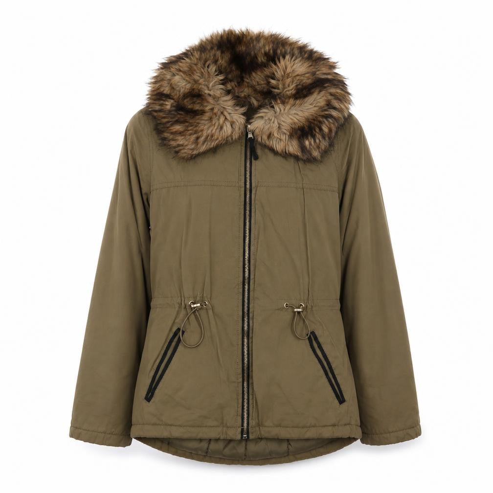 Front view of Papaya women’s green parka jacket, size UK 6, zip