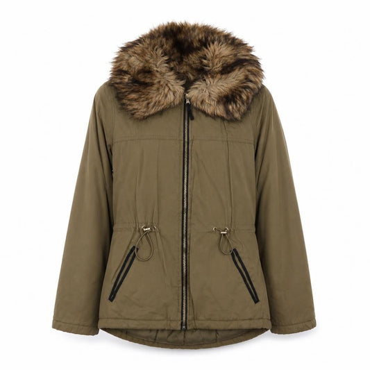 Front view of Papaya women’s green parka jacket, size UK 6, zip