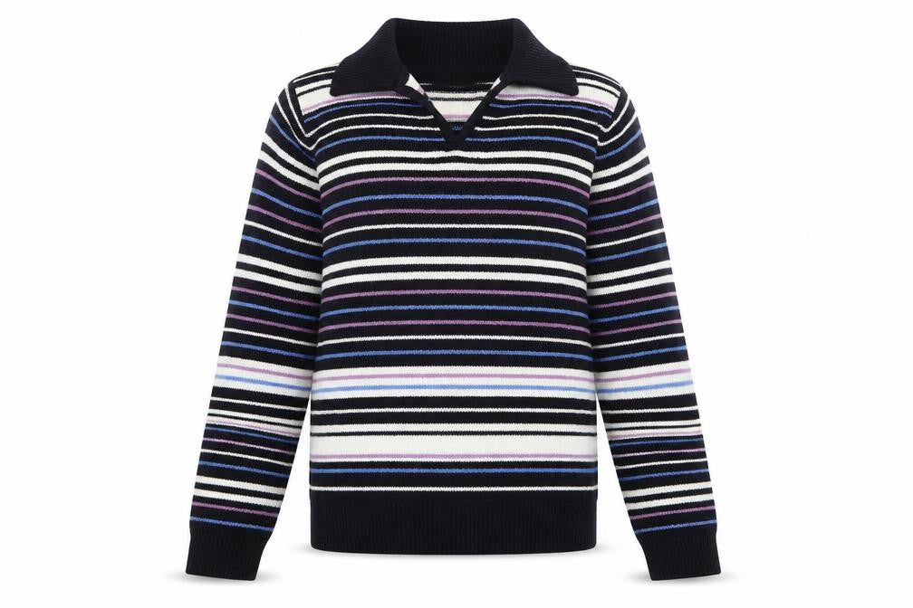 Front view of EWM women’s multicoloured collared striped acrylic jumper, size S, -, size UK 10-12