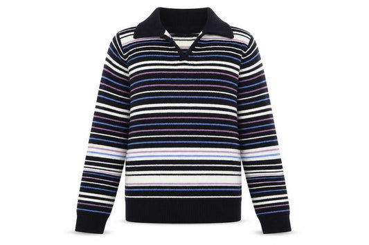Front view of EWM women’s multicoloured collared striped acrylic jumper, size S, -, size UK 10-12
