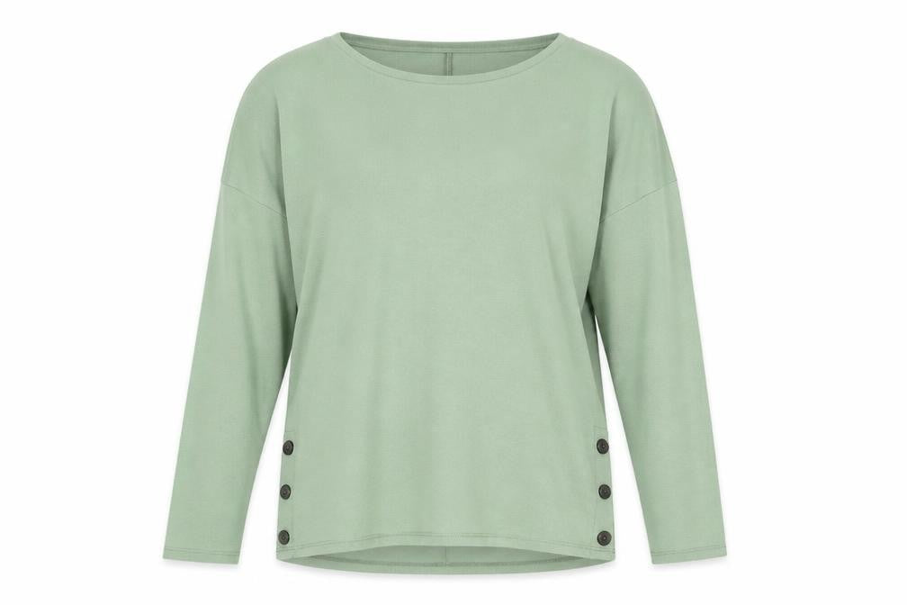 Front view of Dylan George women’s green round neck viscose jumper, size S