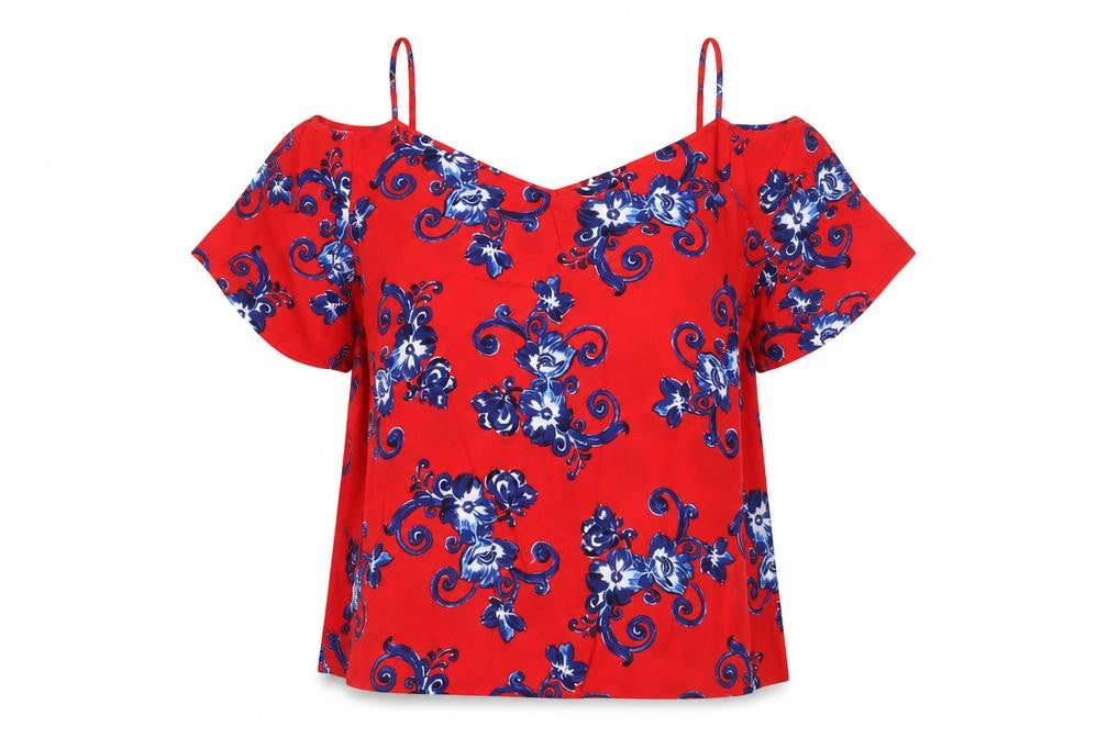 Front view of Papaya women’s red geometric viscose basic blouse, size UK 12, v-neck