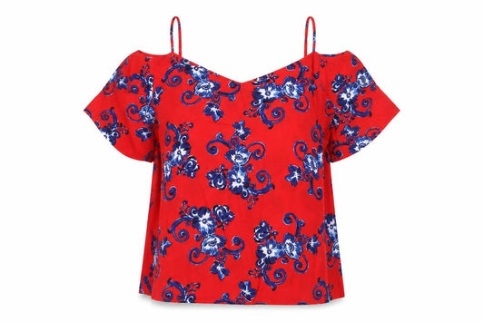 Front view of Papaya women’s red geometric viscose basic blouse, size UK 12, v-neck