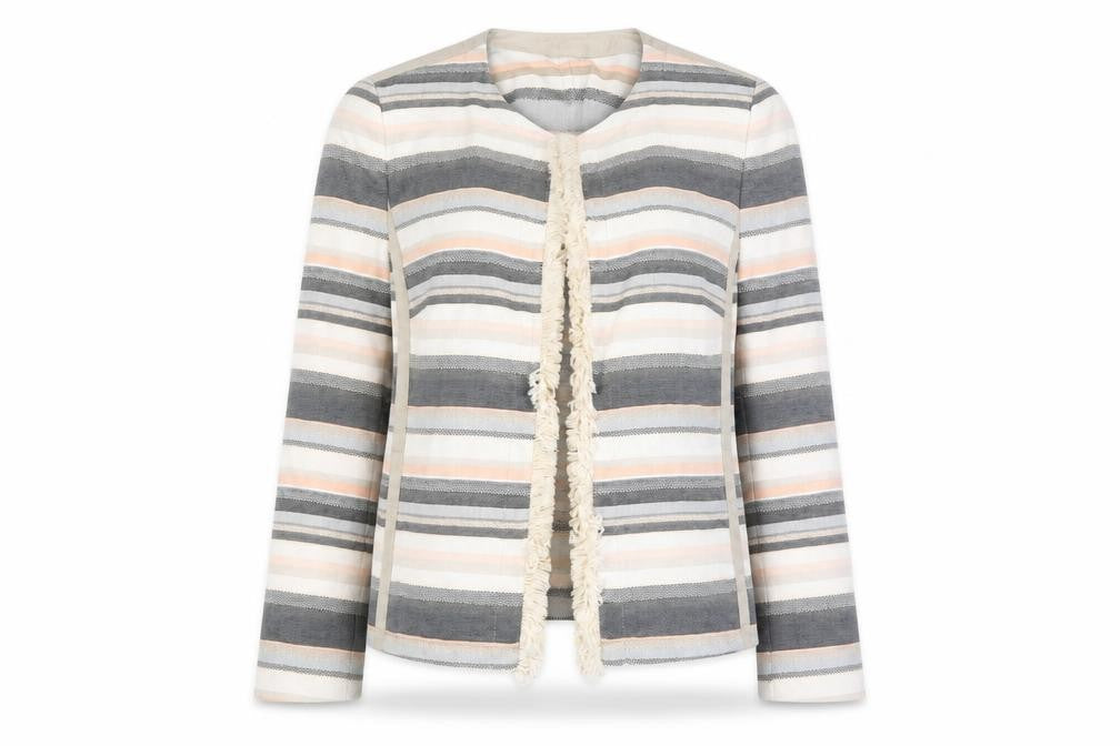 Front view of Bianca women’s multicoloured striped jacket blazer, size UK 12, hook & eye