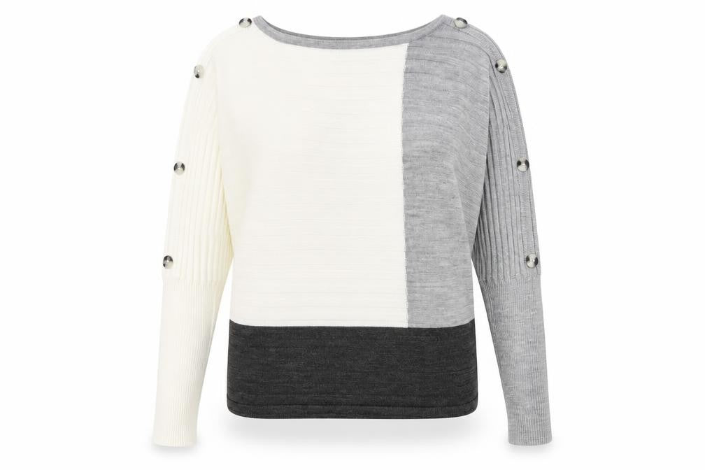 Front view of Select women’s multicoloured round neck acrylic jumper, size M, - colourblock pattern