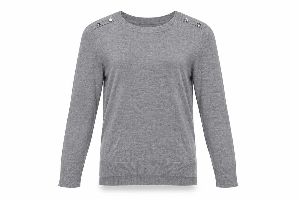 Front view of Primark women’s grey round neck acrylic jumper, size M