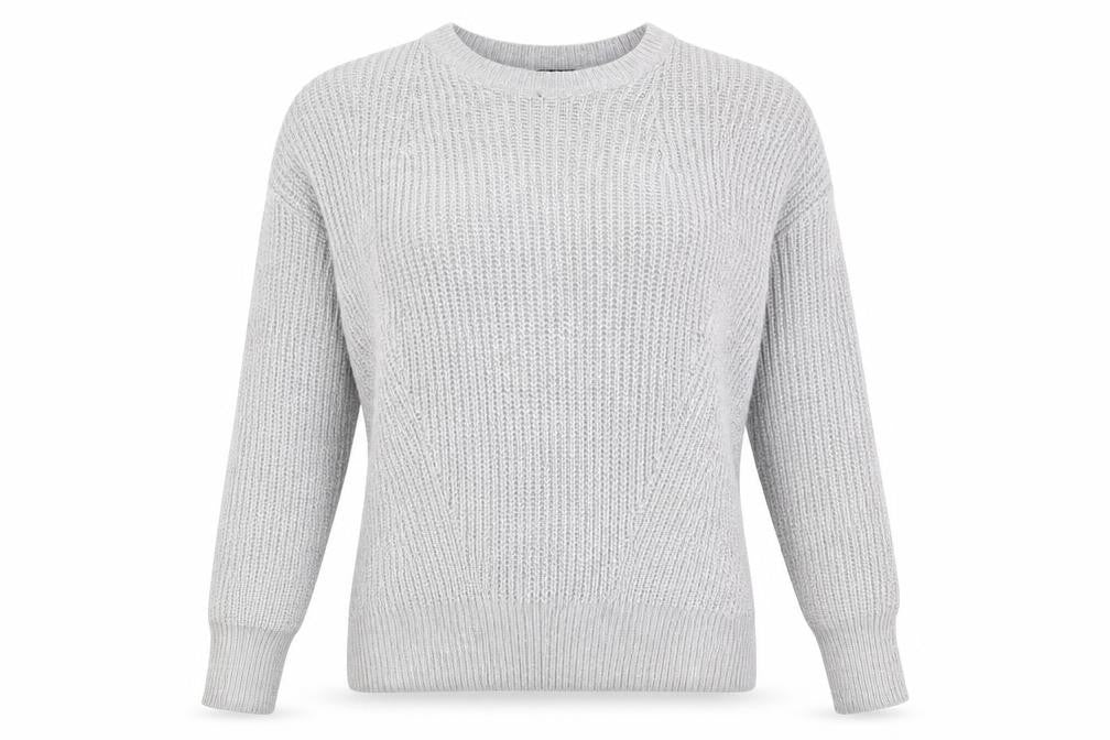 Front view of Atmosphere women’s grey round neck acrylic jumper, size UK 8