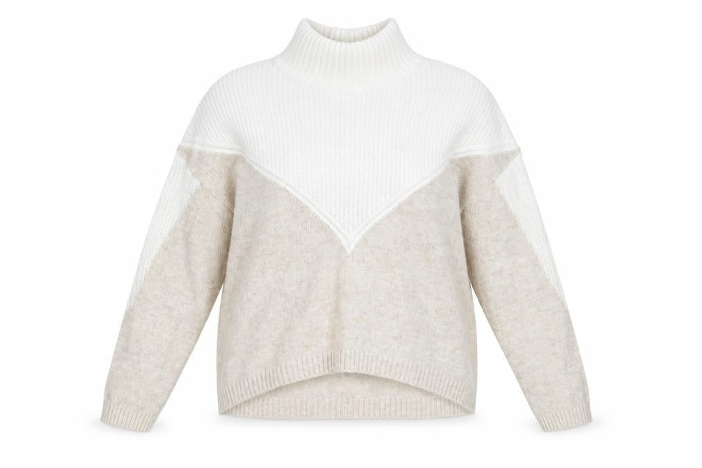 Front view of Primark women’s brown high neck acrylic jumper, size L, - colourblock