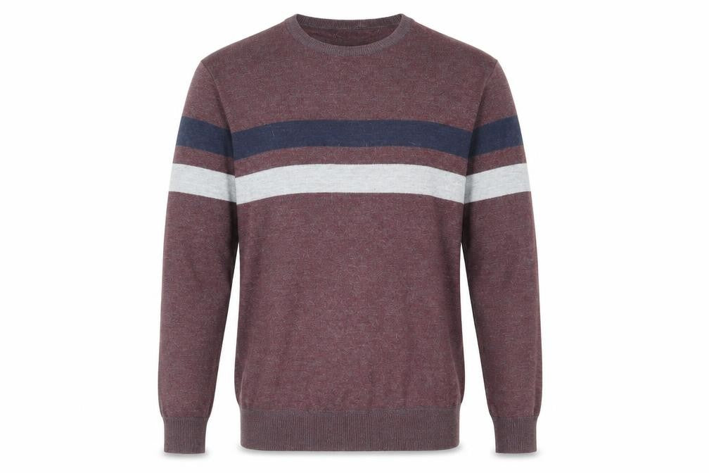 Front view of Smith & Jones men’s red square neck striped polyester jumper, size M, long sleeve
