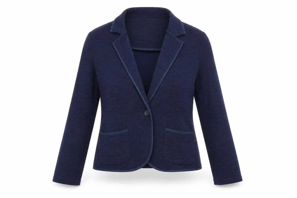 Front view of New Look women’s blue jacket blazer, size UK 10, buckle