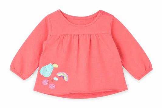 Front view of Next girls’ pink cotton pullover t-shirt, size 6-9, months boat neck snap - embroidered appliqués