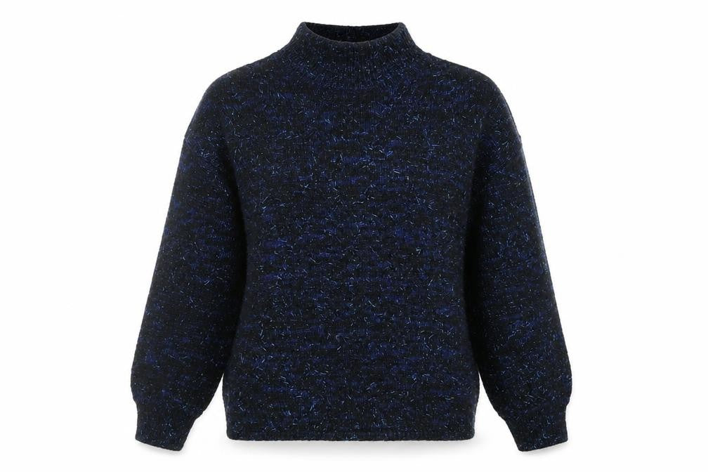 Front view of Capsule women’s blue mock neck acrylic jumper, size UK 8, -, size UK 8-10