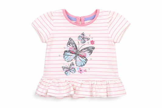 Front view of Primark girls’ pink striped 100% cotton a-line, size 3-6, months round neck button - butterfly