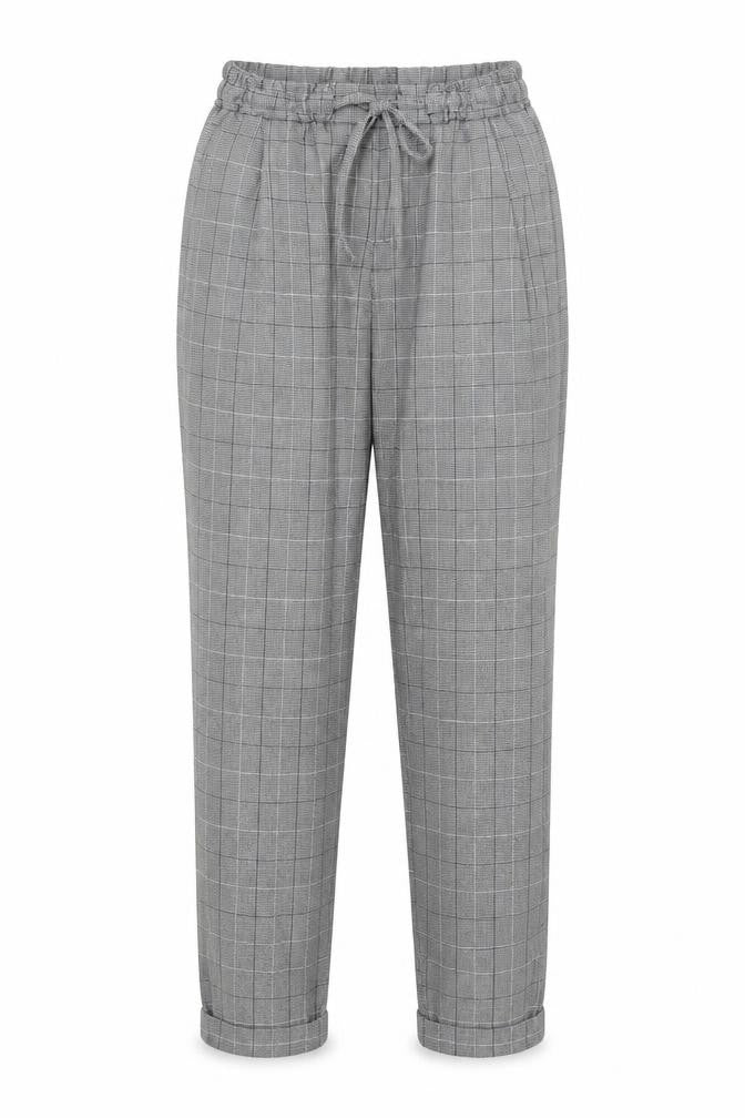 Front view of Light Before Dark women’s grey plaid polyester carrot trousers, size XS, regular drawstring