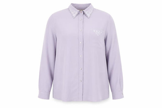 Front view of Kaleidoscope women’s purple polyester basic button-up, size UK 18, collared - crochet detail