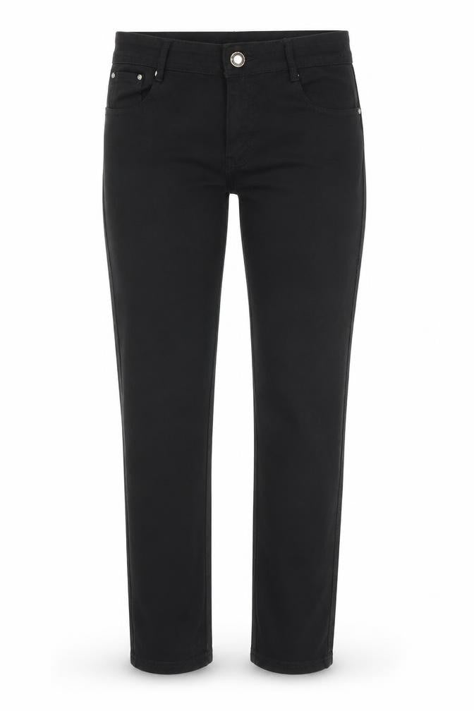 Front view of Miss Ok women’s black polyester straight jeans, size UK 30, in regular zip
