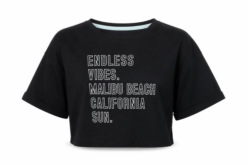 George Girls Black Cotton Basic T-Shirt Size 6-7 Years Round Neck Pullover - Malibu Beach Endless Vibes