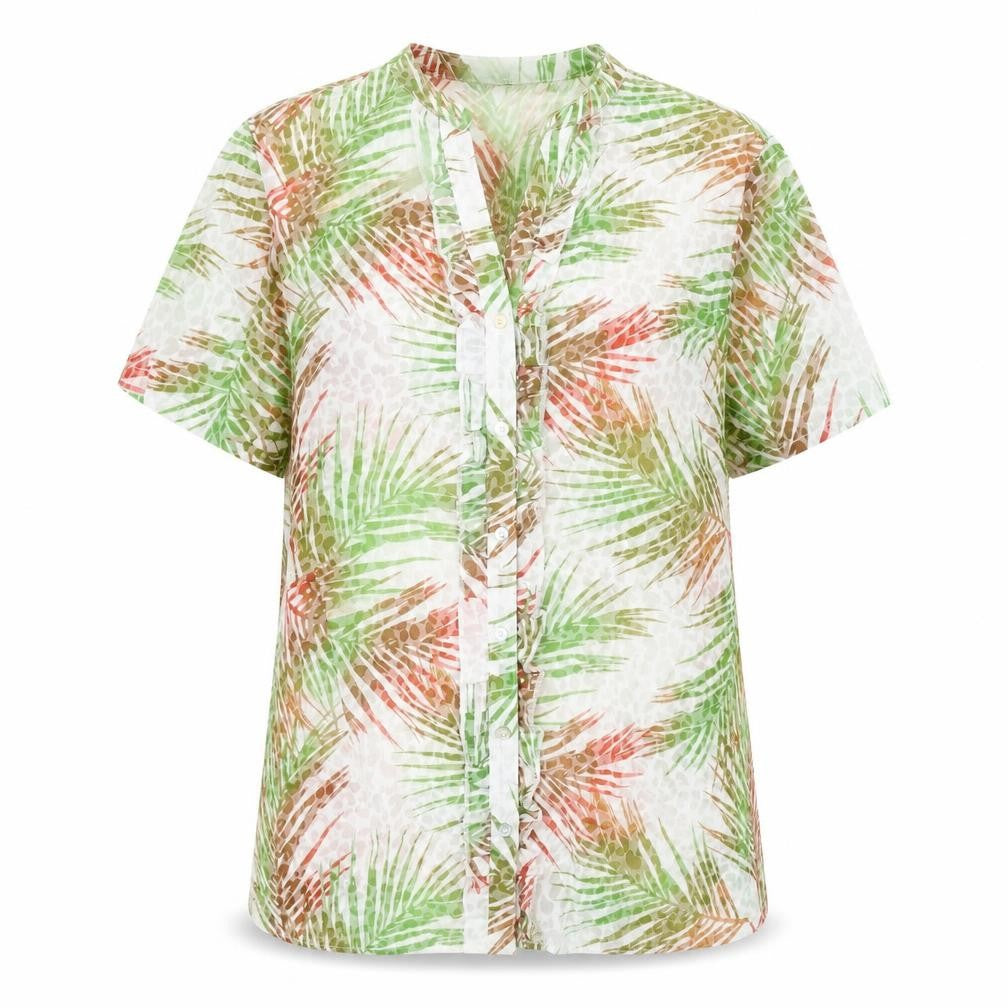 Front view of EWM women’s multicoloured geometric polyester basic blouse, size UK 14, v-neck - leaf print