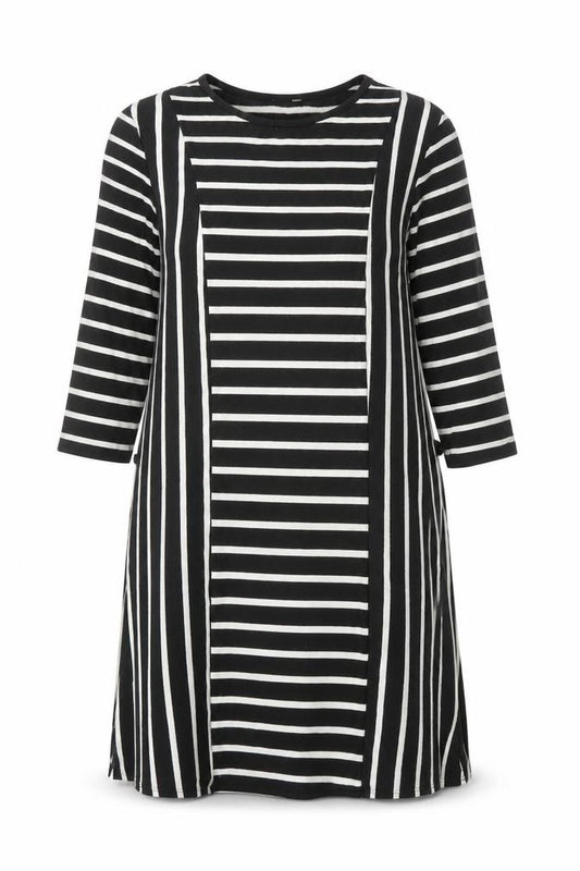 Front view of Papaya women’s black striped polyester shift, size UK 10, scoop neck pullover
