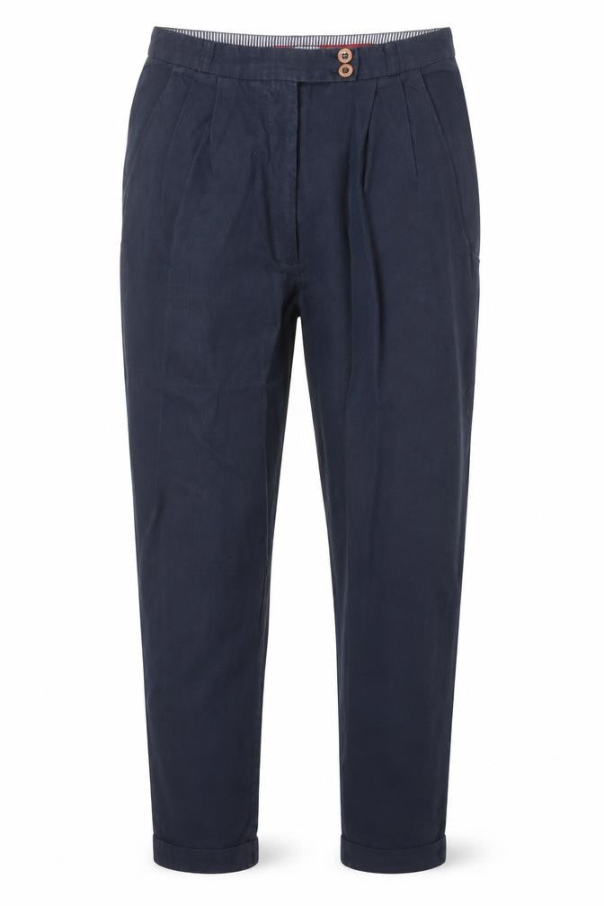 Front view of River Island women’s blue cotton trousers, size UK 6, regular zip