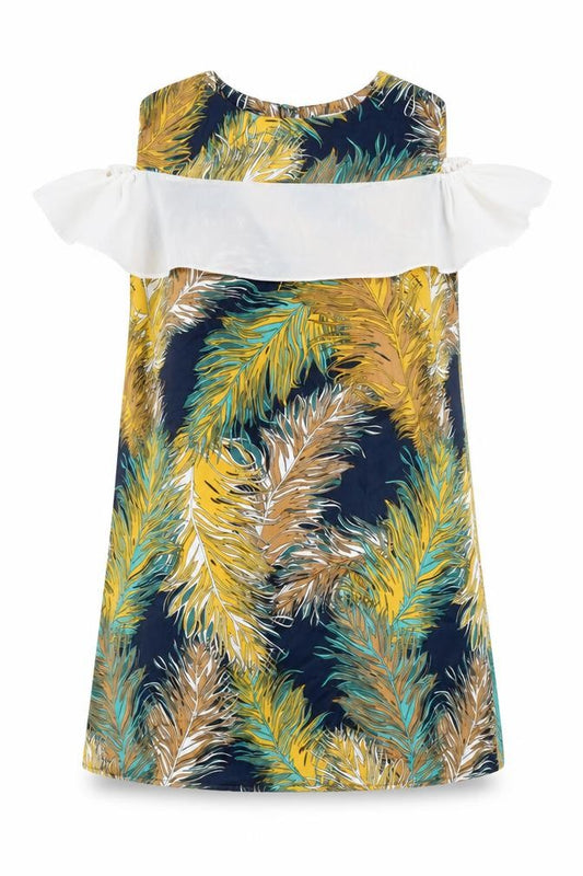 Front view of Buti women’s multicoloured geometric polyester shift, size L, scoop neck button - feather cold shoulder