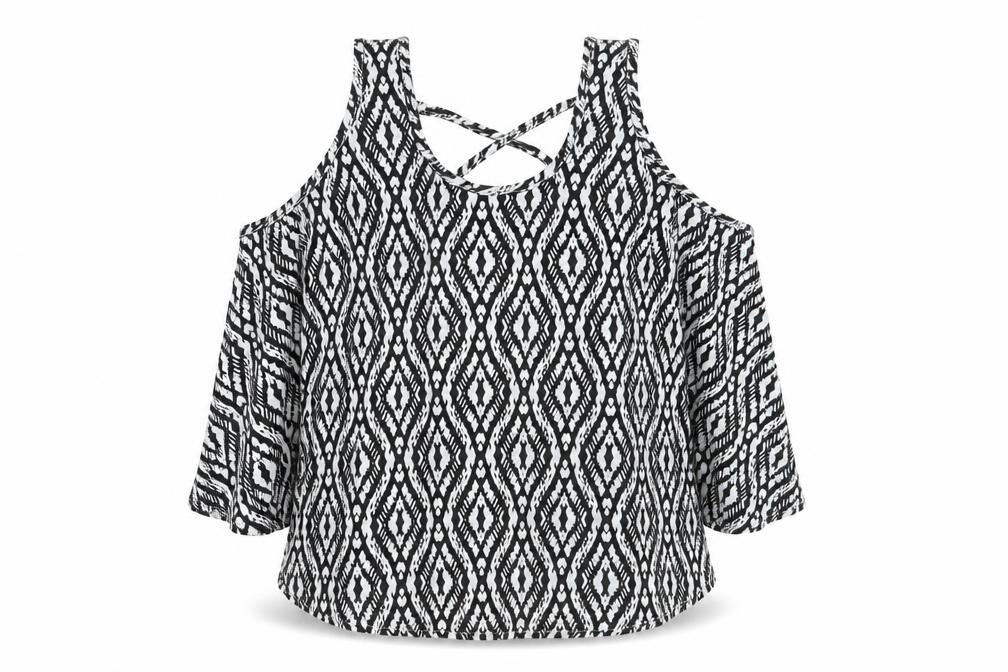 Front view of Young Dimension girls’ beige geometric polyester basic blouse, years scoop neck pullover - cold shoulder