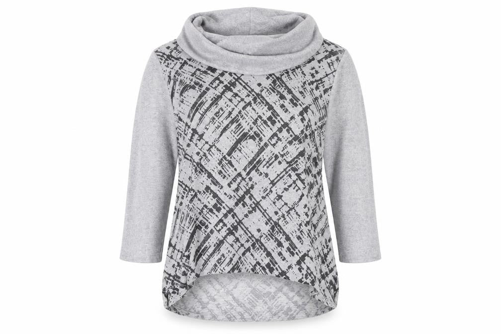 Front view of TIGI women’s grey roll neck geometric polyester jumper, size UK 14