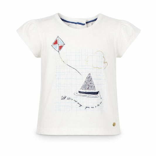 Front view of Marks & Spencer girls’ ivory 100% cotton pullover t-shirt, size 3-6, months round neck button - boat