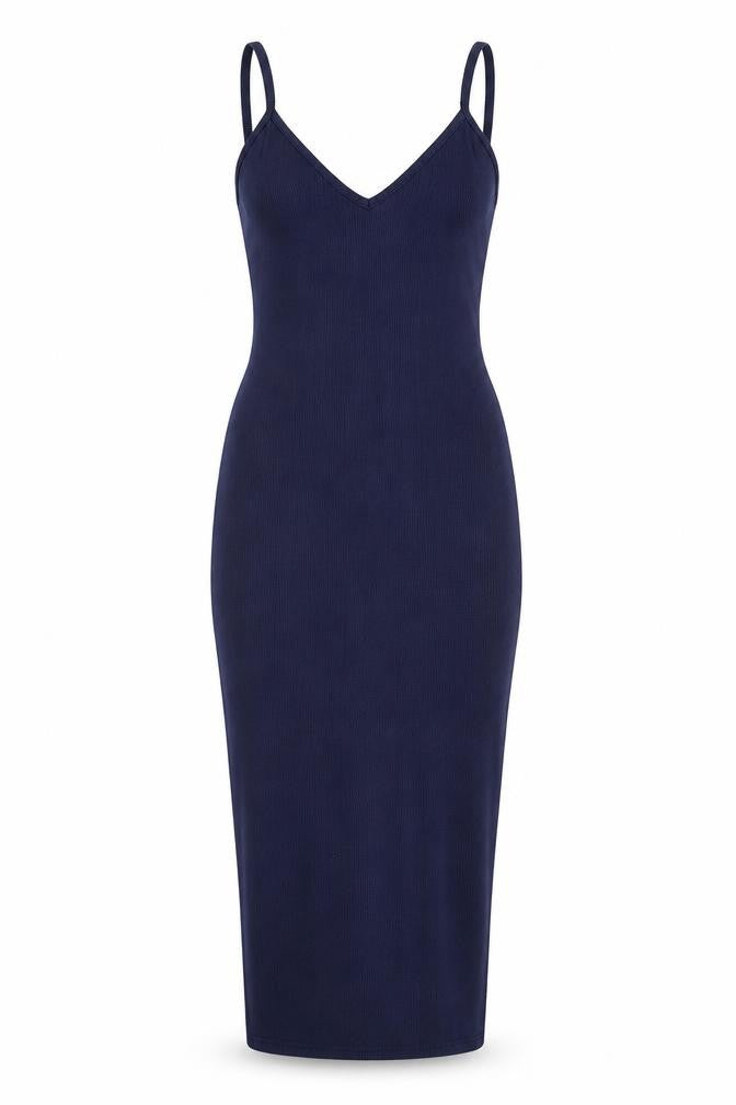 Front view of PRETTYLITTLETHING women’s blue polyester bodycon, size UK 4, v-neck pullover - ribbed
