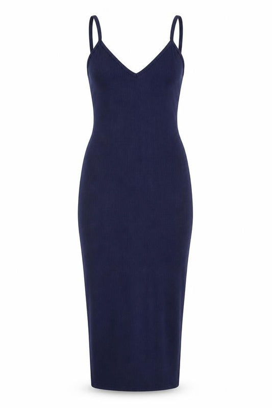 Front view of PRETTYLITTLETHING women’s blue polyester bodycon, size UK 4, v-neck pullover - ribbed
